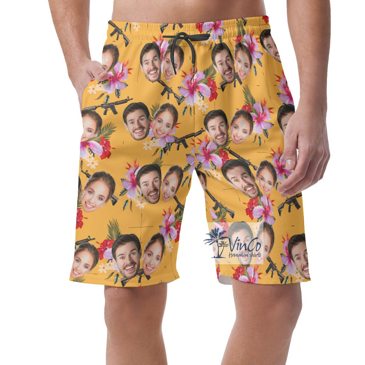 Floral Gun Yellow Hawaiian Beach Shorts With Custom Couple Faces - variant image 1