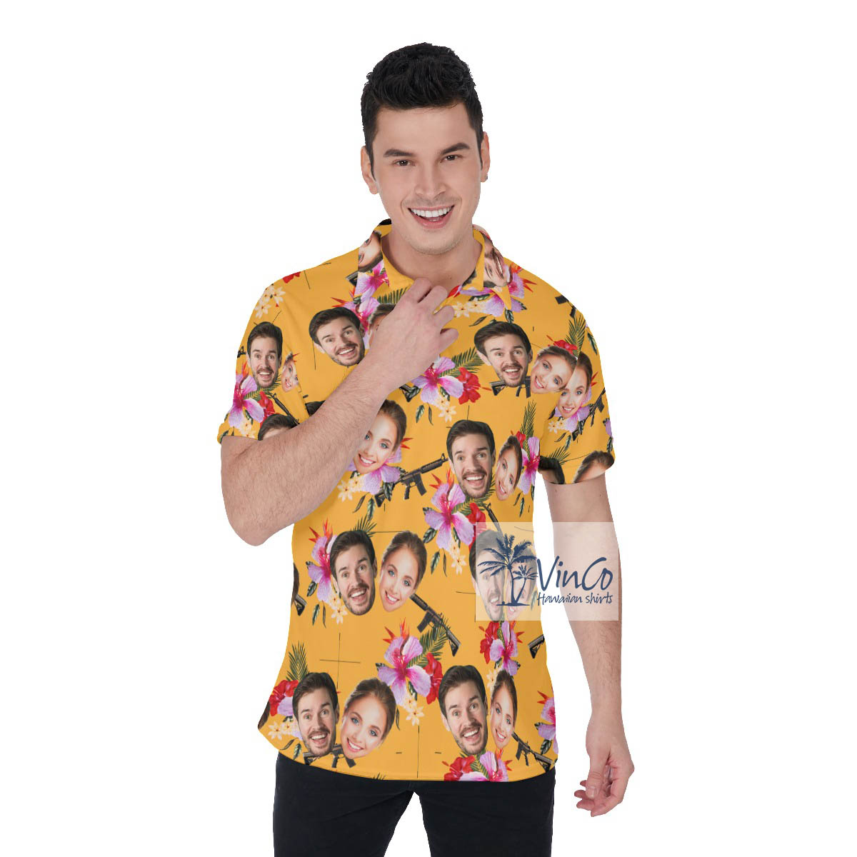 Custom Couple Faces Yellow Gun Hawaiian Polo Shirt - variant image 1