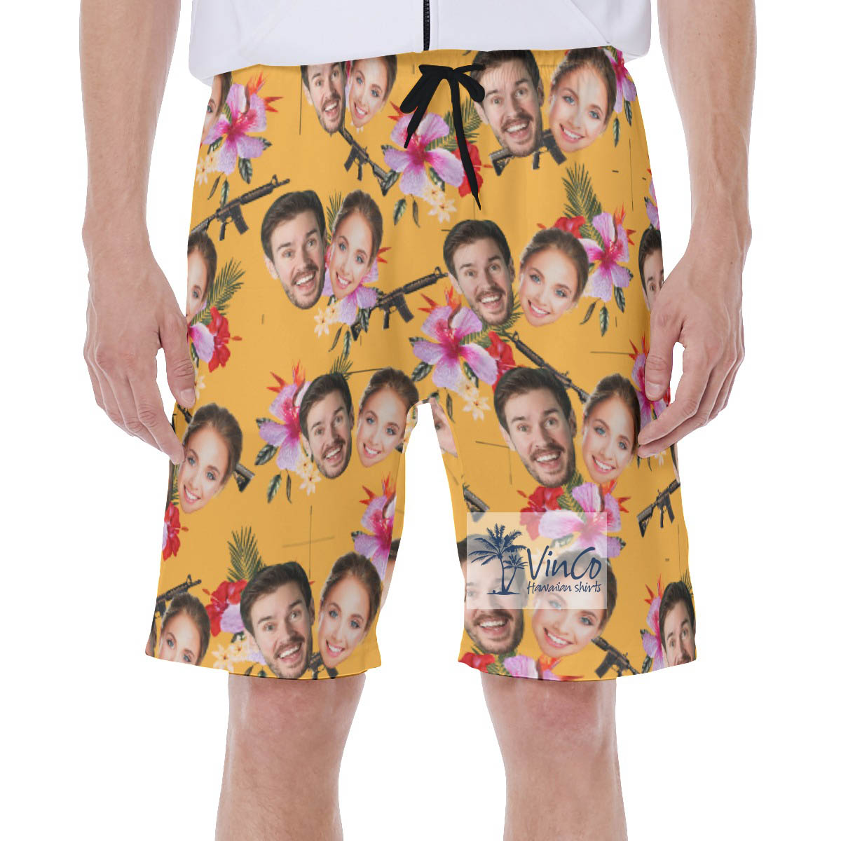 Custom Couple Faces Floral Hawaiian Swim Trunks With Gun - variant image 1