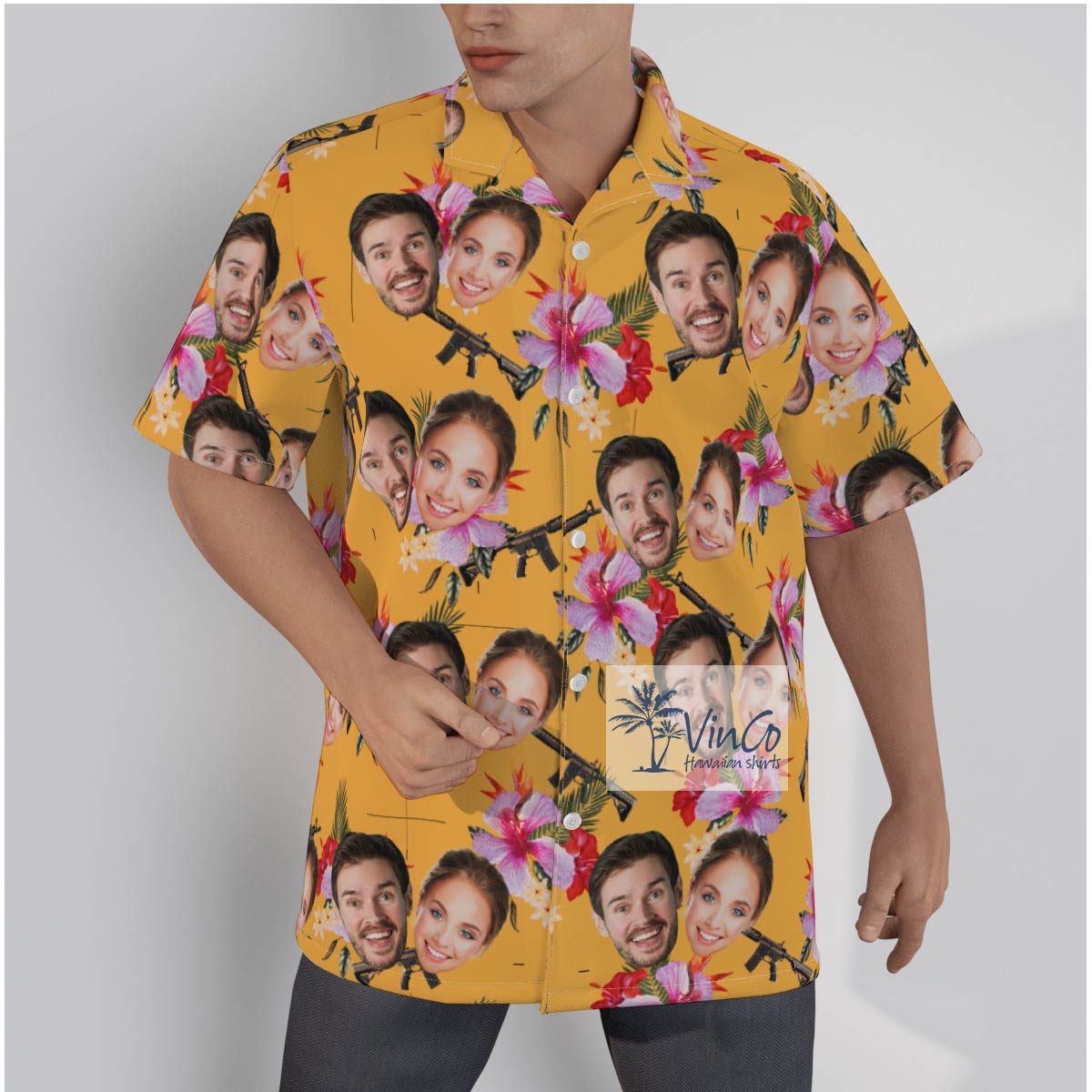 Cool Custom Gun Yellow Hawaiian Shirt With Multiple Faces - variant image 1