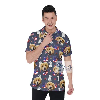 Personalized Navy Patriotic Hawaiian Golf Shirt With Dog Faces