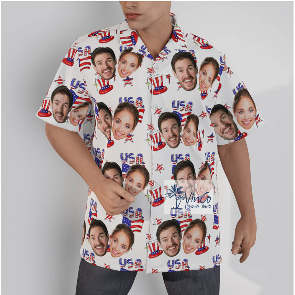 Custom Couple Faces Patriotic Hawaiian Shirt For 4th of July - variant image 1