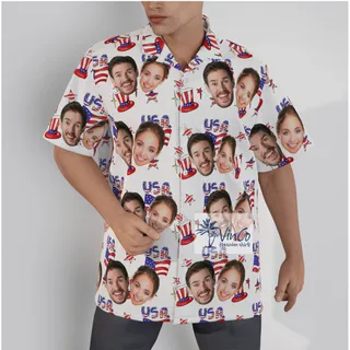 Custom Couple Faces Patriotic Hawaiian Shirt For 4th of July