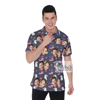 Custom Couple Navy Patriotic Hawaiian Shirt