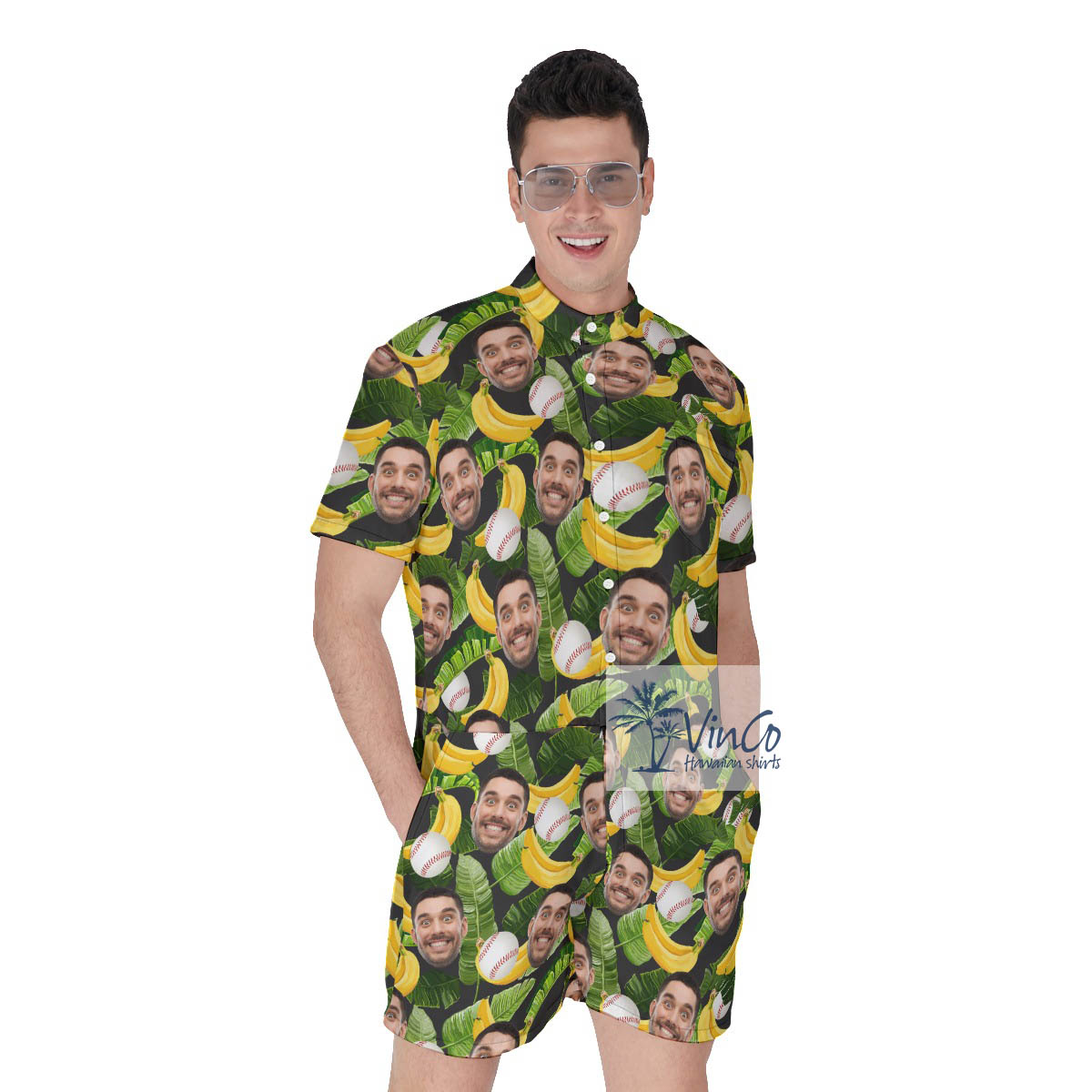 Funny Custom Face Tropical Banana Hawaiian Romper For Baseball Lovers - variant image 1