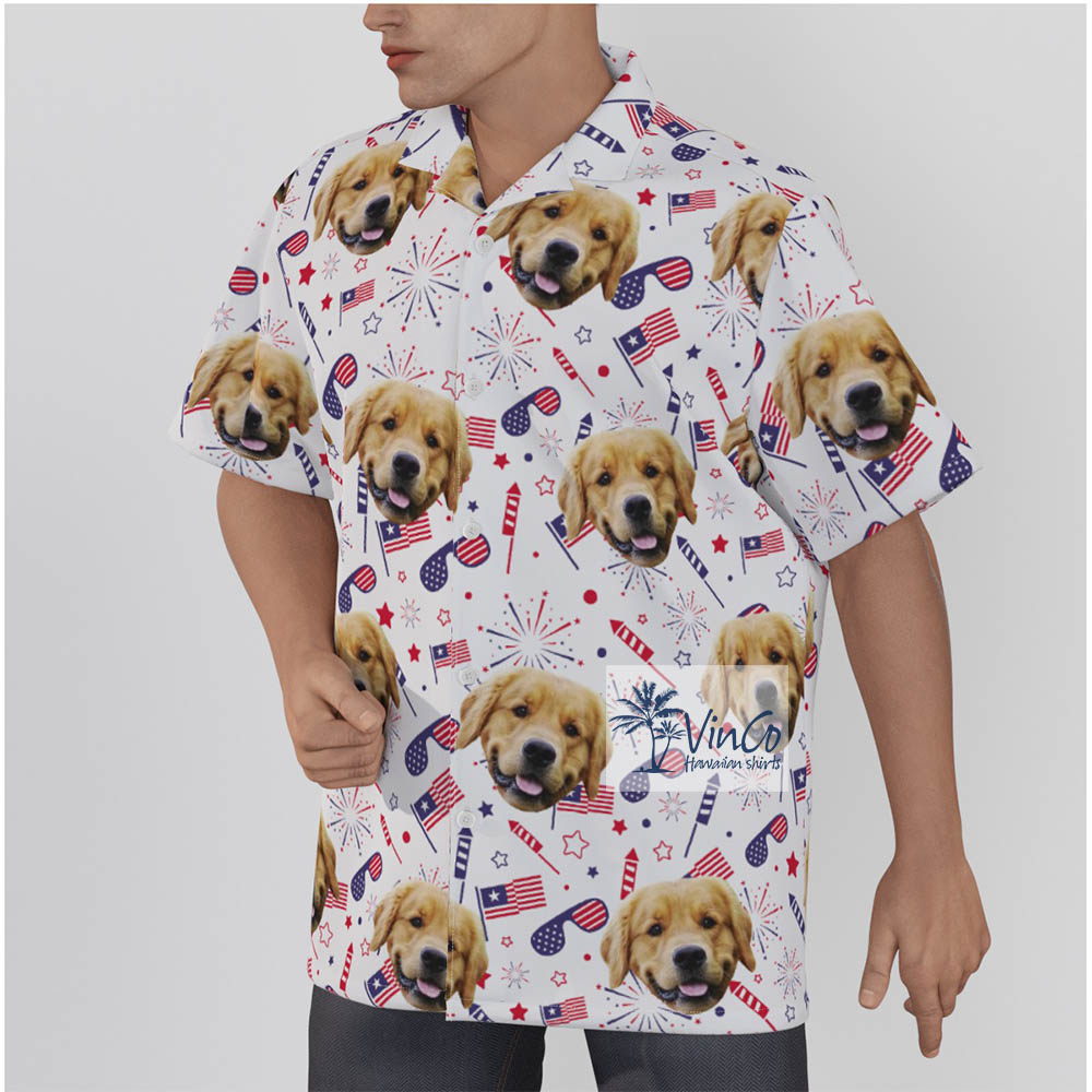 Unique Custom Pet Face Patriotic Hawaiian Shirt With Firework USA Flag