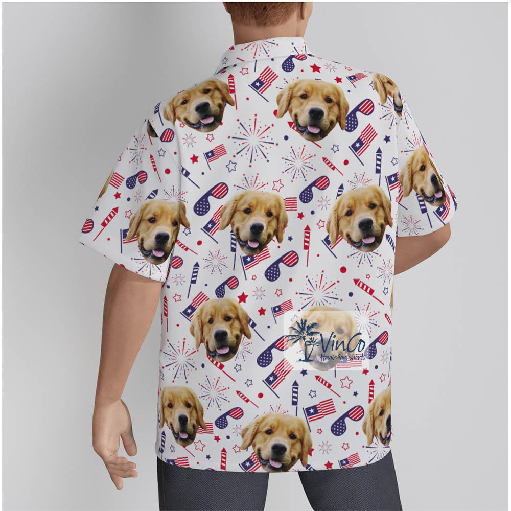 Unique Custom Pet Face Patriotic Hawaiian Shirt With Firework USA Flag