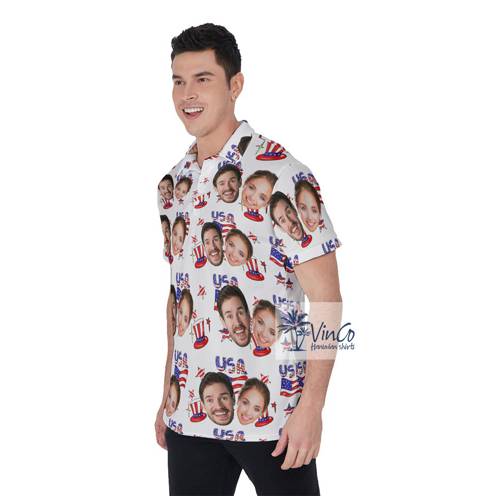 Upload Couple Faces Hawaiian Polo Golf Shirt 4th Of July