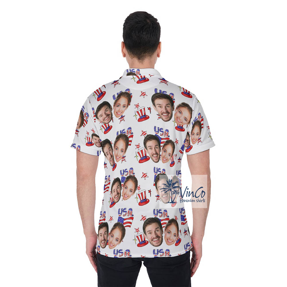Upload Couple Faces Hawaiian Polo Golf Shirt 4th Of July