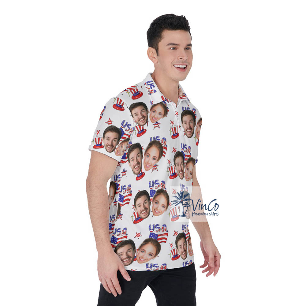 Upload Couple Faces Hawaiian Polo Golf Shirt 4th Of July