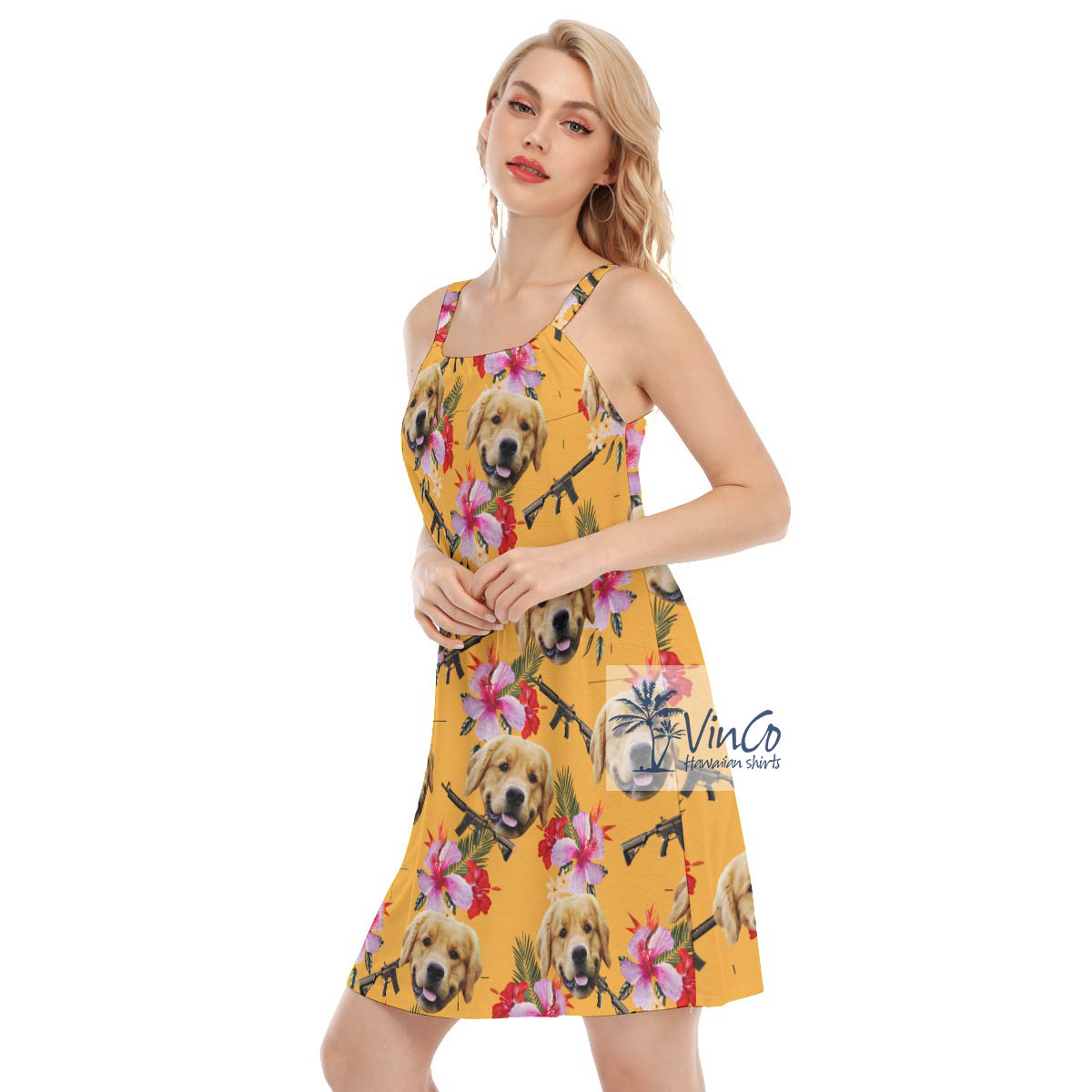 Yellow Floral Gun Hawaiian Cami Dress With Custom Dog Face