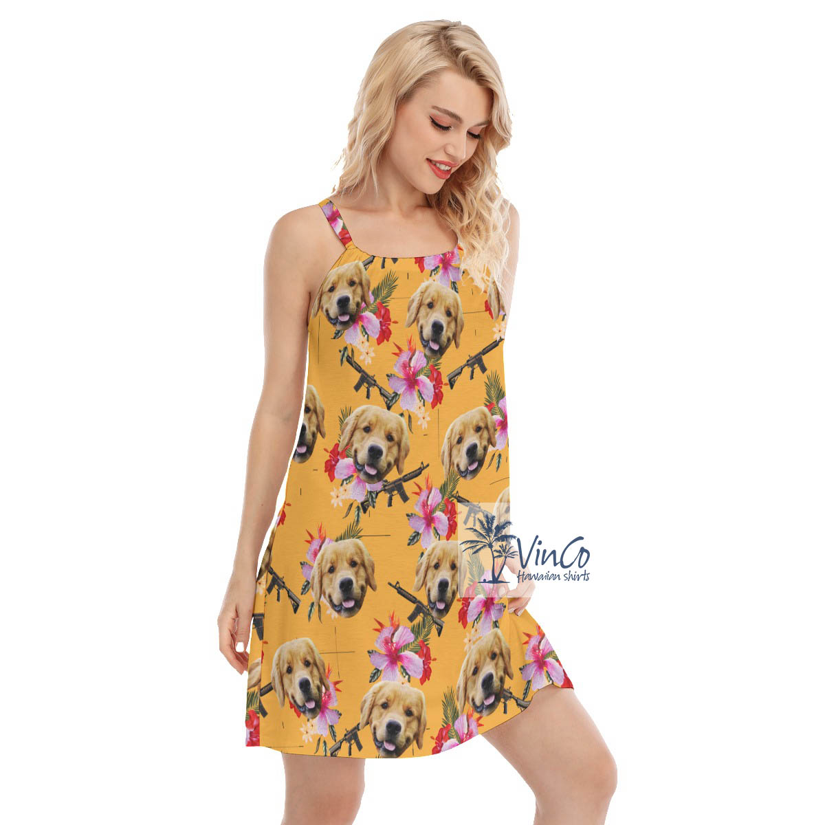 Yellow Floral Gun Hawaiian Cami Dress With Custom Dog Face