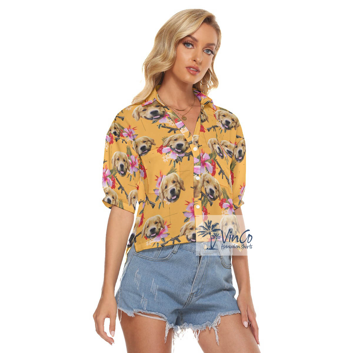 Funny Custom Dog Face Floral Gun Hawaiian Cropped Shirt