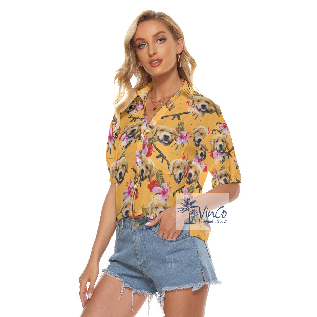 Funny Custom Dog Face Floral Gun Hawaiian Cropped Shirt