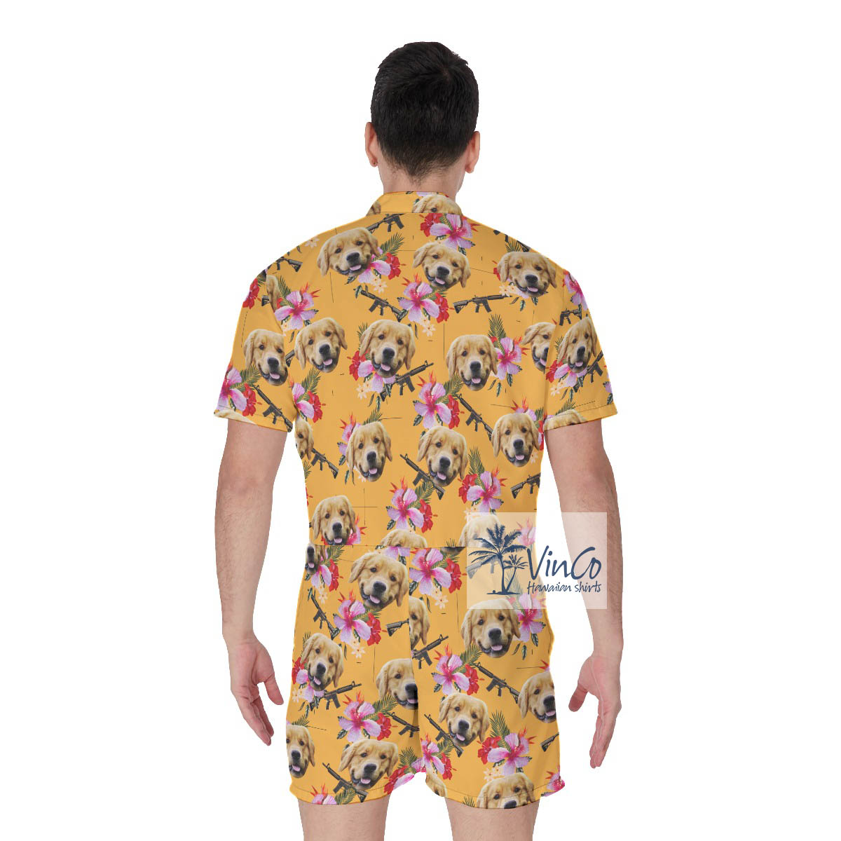 Custom Dog Face Gun Hawaiian Romper For Men