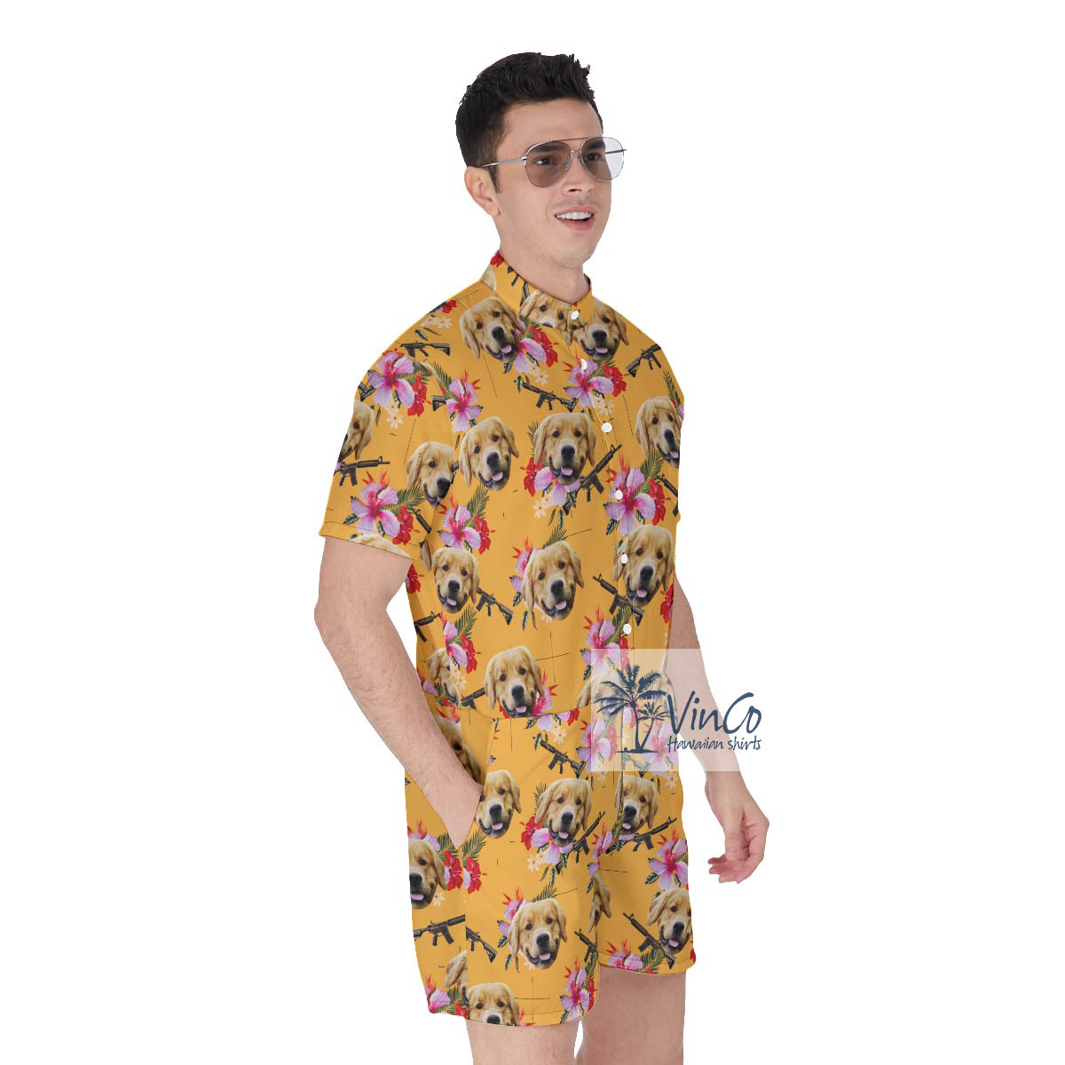 Custom Dog Face Gun Hawaiian Romper For Men