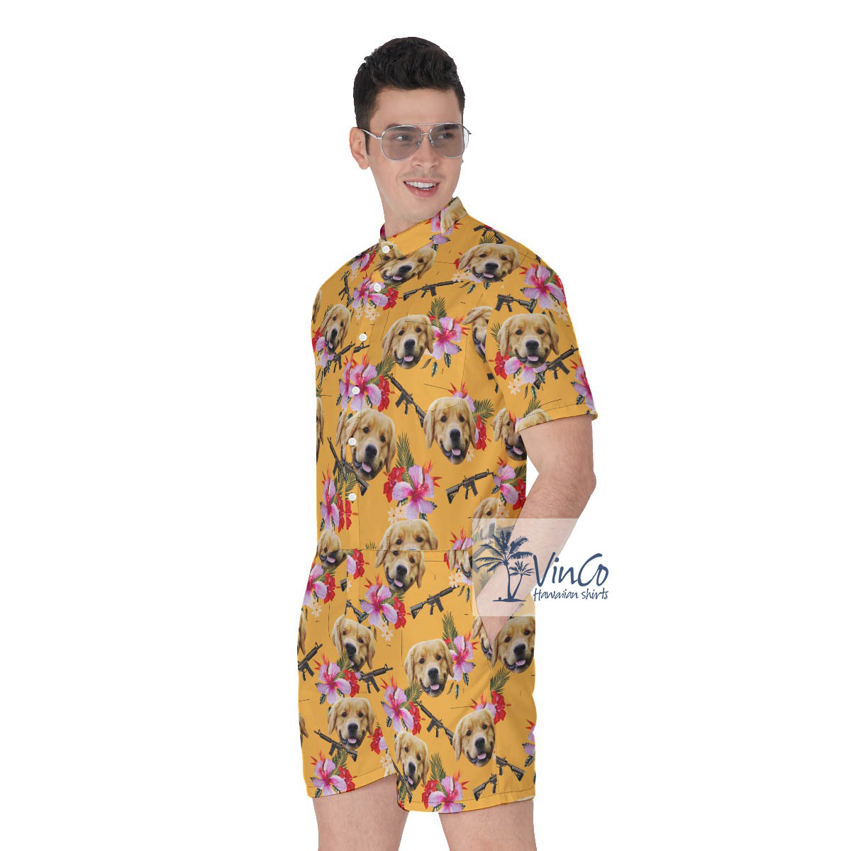 Custom Dog Face Gun Hawaiian Romper For Men