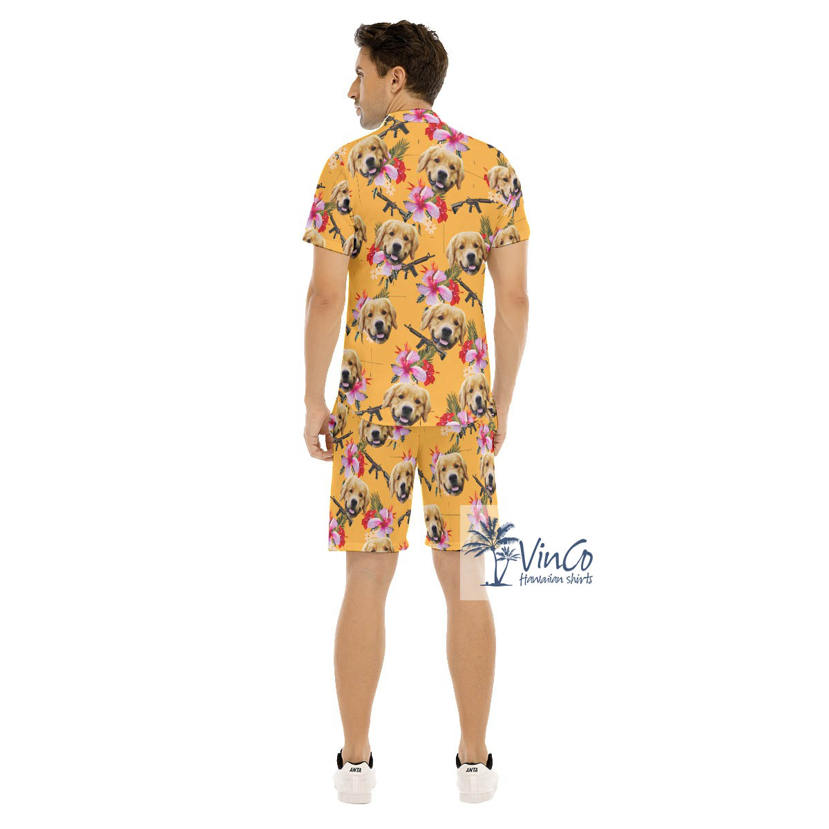 Custom Dog Face Gun Floral Hawaiian Shirt And Matching Shorts For Men