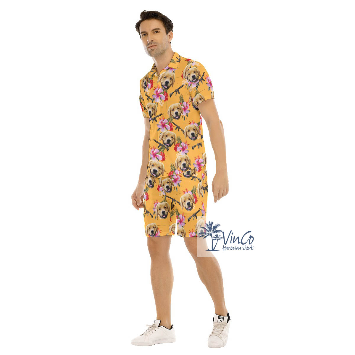 Custom Dog Face Gun Floral Hawaiian Shirt And Matching Shorts For Men