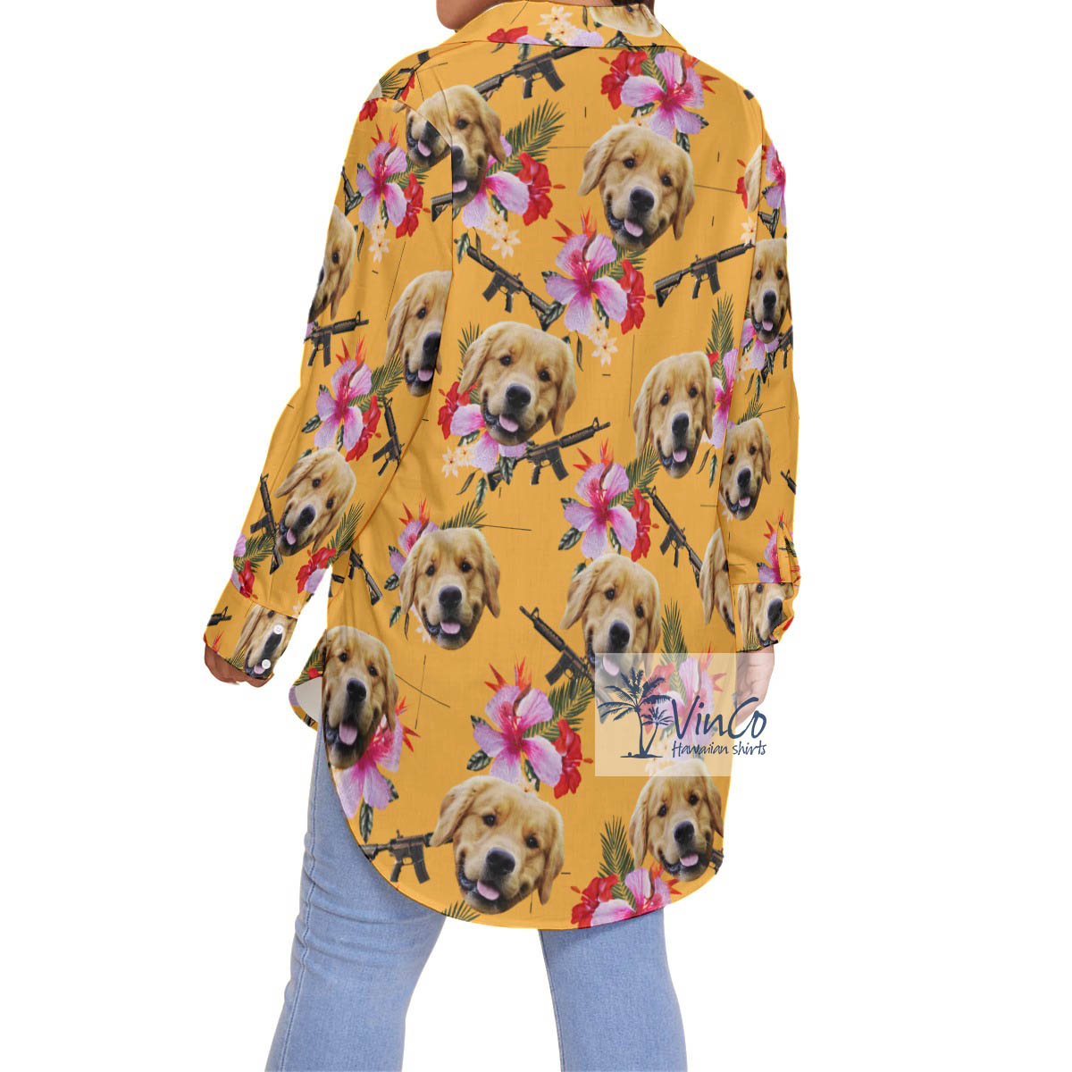Custom Floral Gun Yellow Hawaiian Plus Size Shirt With Dog Face