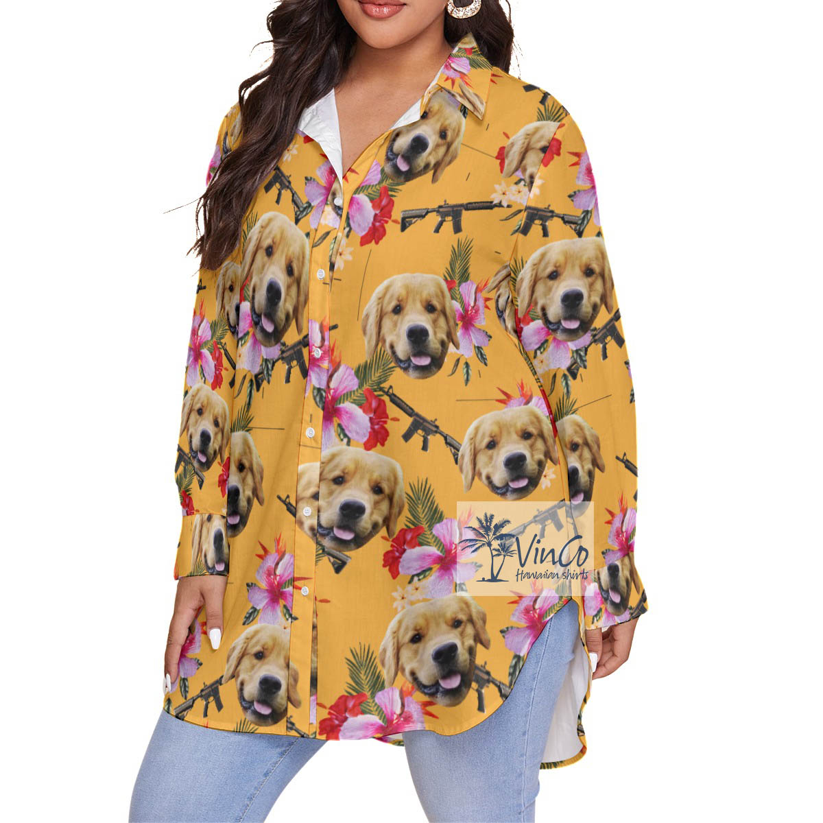 Custom Floral Gun Yellow Hawaiian Plus Size Shirt With Dog Face