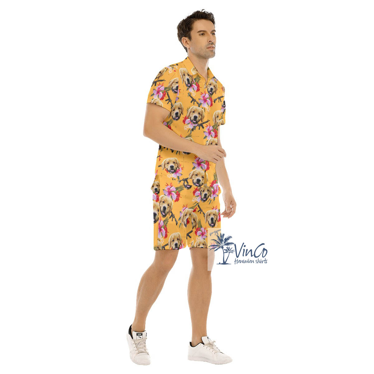 Custom Dog Face Gun Floral Hawaiian Shirt And Matching Shorts For Men