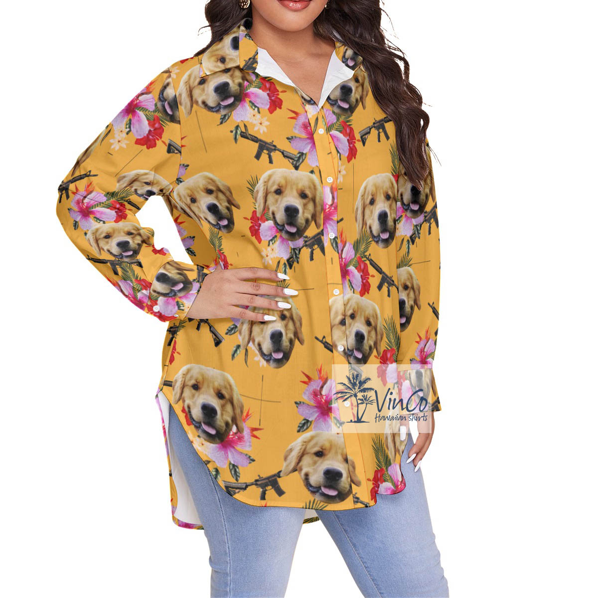 Custom Floral Gun Yellow Hawaiian Plus Size Shirt With Dog Face