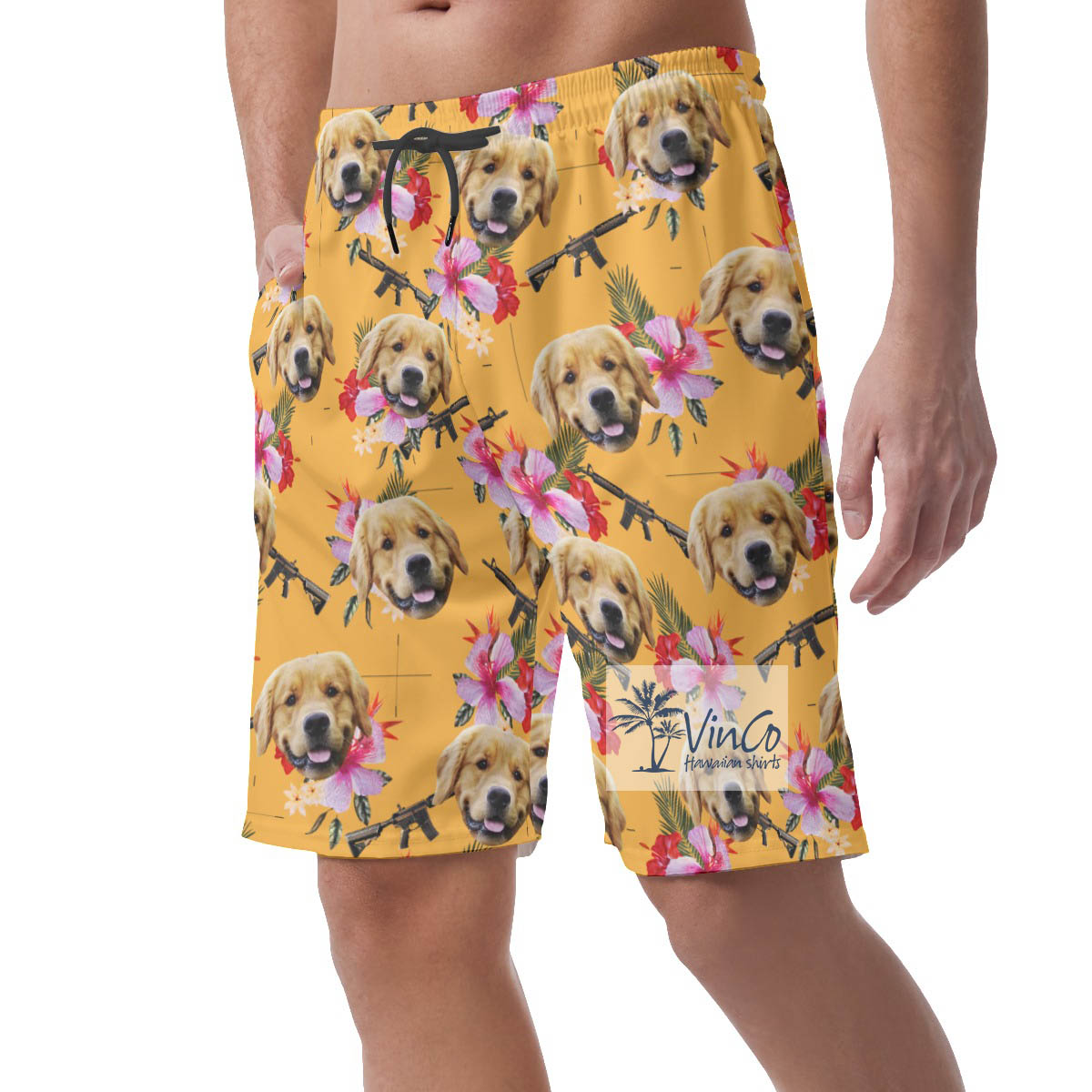 Yellow Floral Gun Hawaiian Beach Shorts With Custom Dog Face