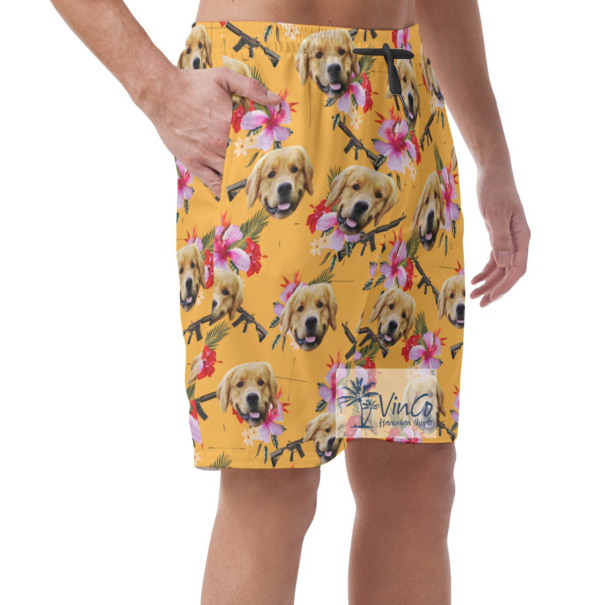 Yellow Floral Gun Hawaiian Beach Shorts With Custom Dog Face