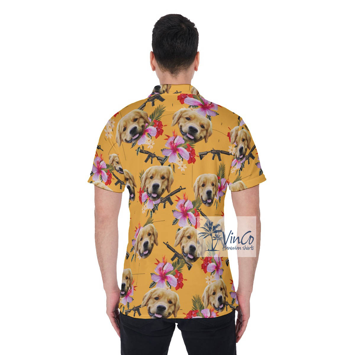 Custom Floral Gun Yellow Hawaiian Polo Shirt With Dog Face