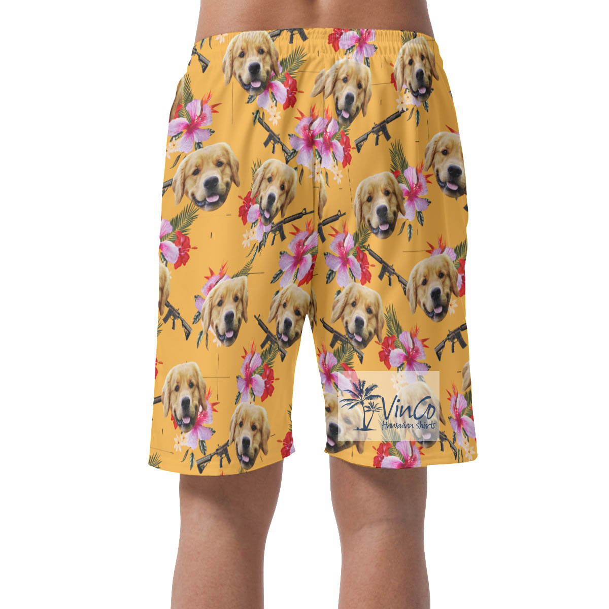 Yellow Floral Gun Hawaiian Beach Shorts With Custom Dog Face