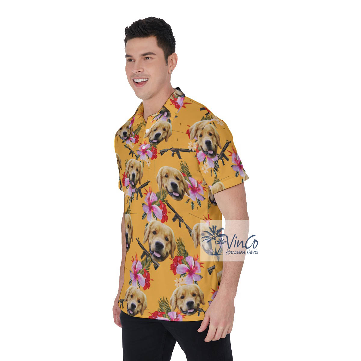 Custom Floral Gun Yellow Hawaiian Polo Shirt With Dog Face