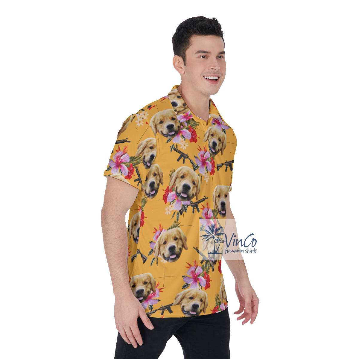 Custom Floral Gun Yellow Hawaiian Polo Shirt With Dog Face
