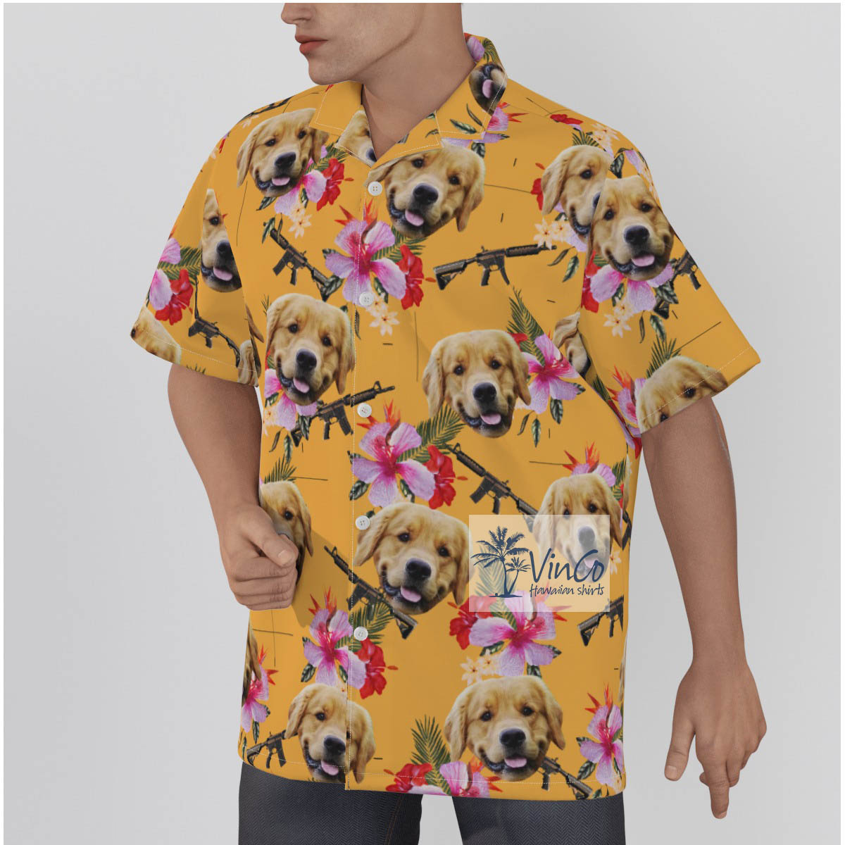 Custom Dog Face Floral Gun Hawaiian Shirt