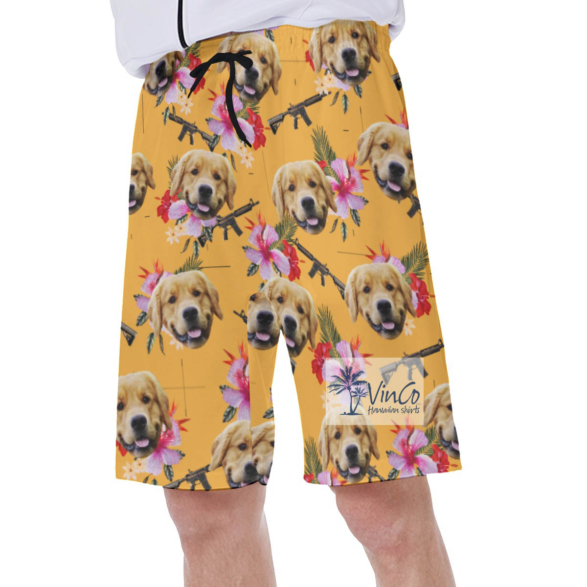 Custom Gun Floral Hawaiian Swim Trunks With Dog Face