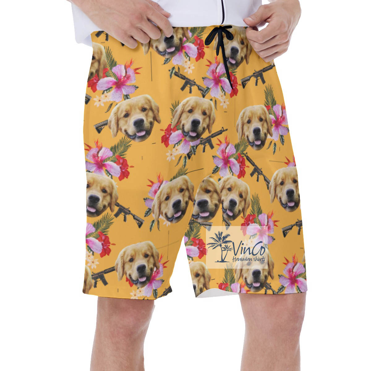 Custom Gun Floral Hawaiian Swim Trunks With Dog Face