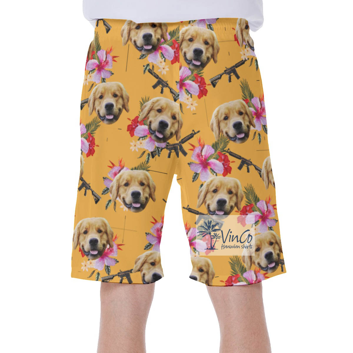 Custom Gun Floral Hawaiian Swim Trunks With Dog Face