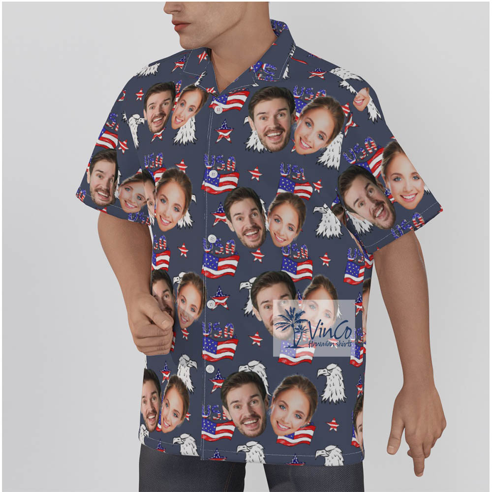 Navy Custom Couple 4th of July Hawaiian Shirt For Men