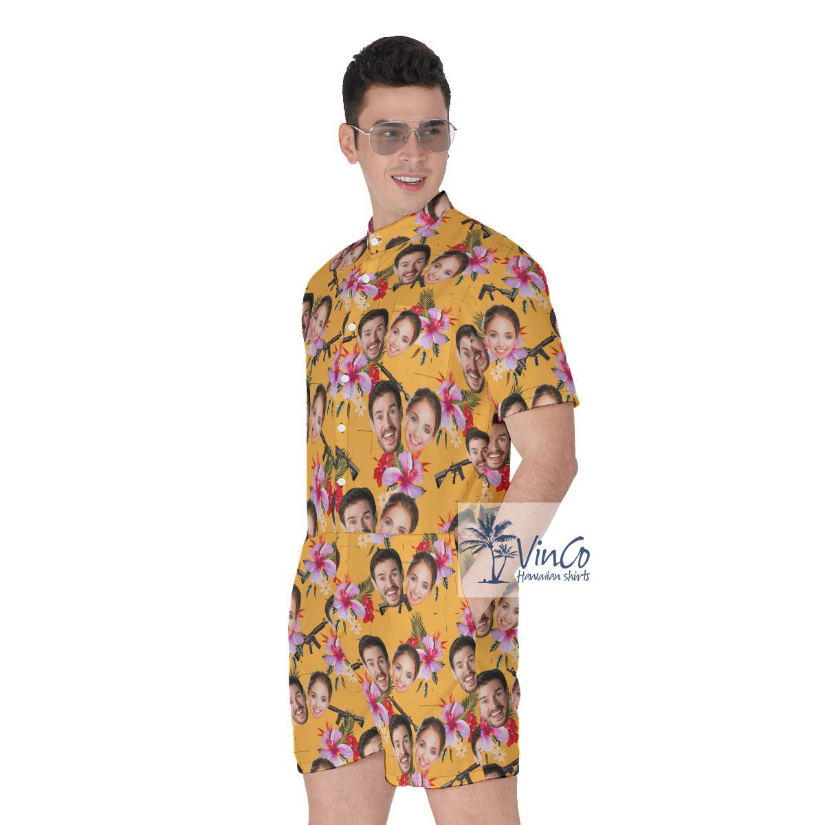 Floral Gun Custom Face Yellow Hawaiian Romper For Men