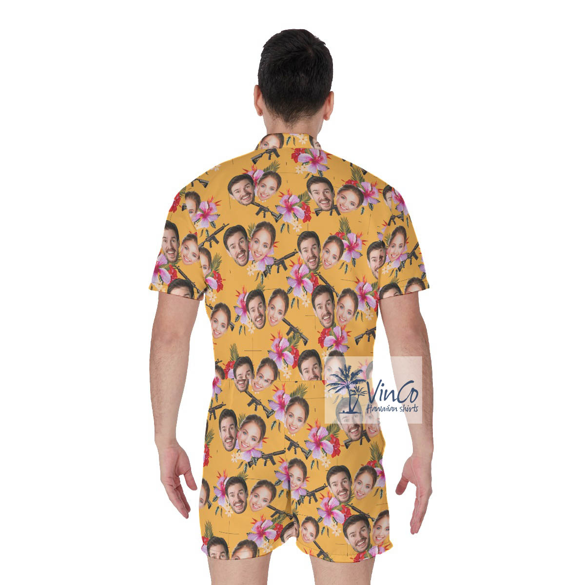 Floral Gun Custom Face Yellow Hawaiian Romper For Men