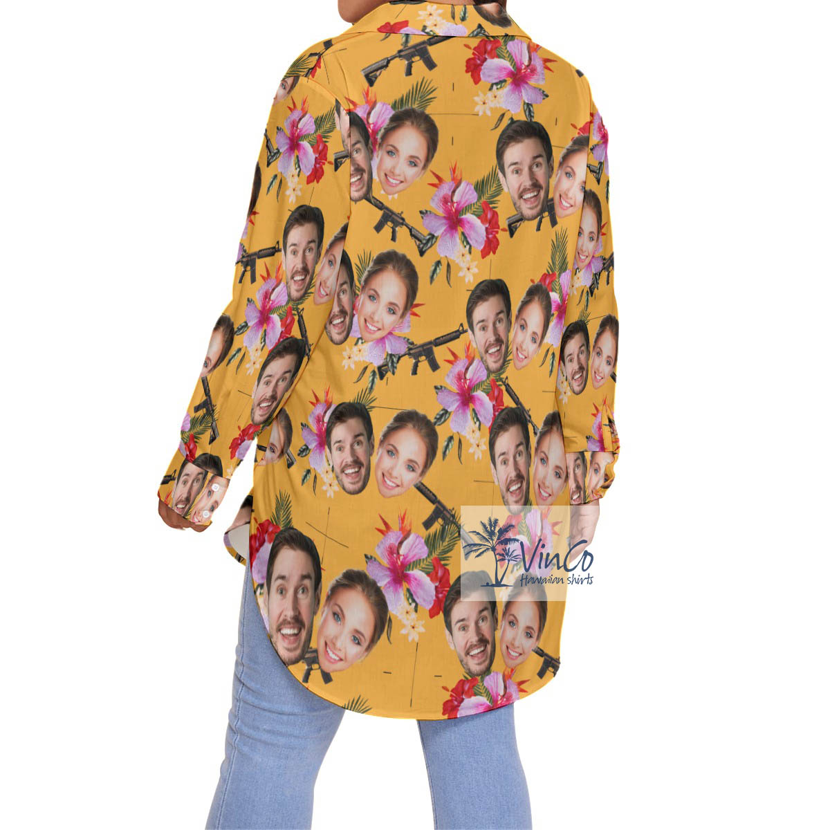 Custom Yellow Floral Gun Hawaiian Plus Size Shirt With Couple Faces