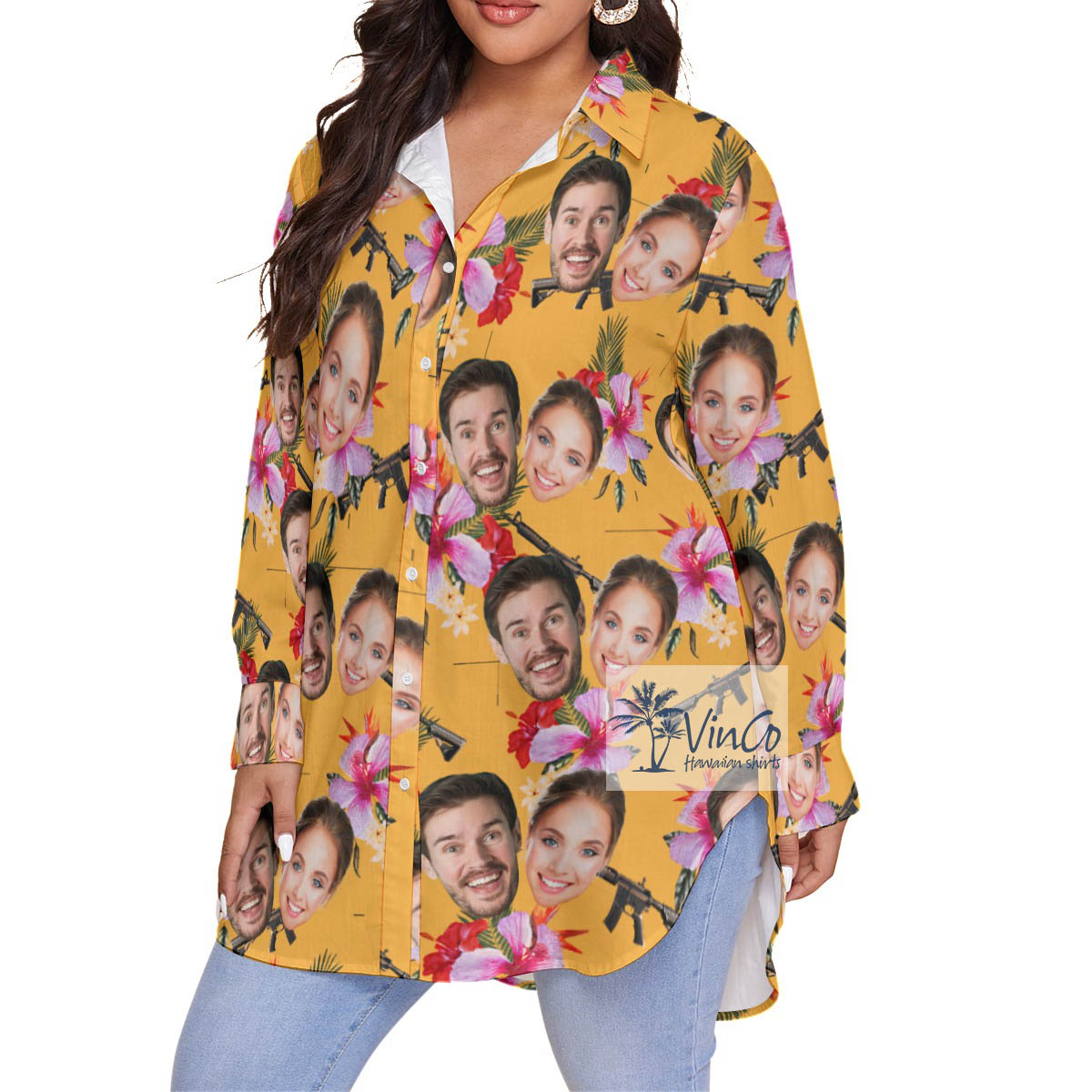 Custom Yellow Floral Gun Hawaiian Plus Size Shirt With Couple Faces