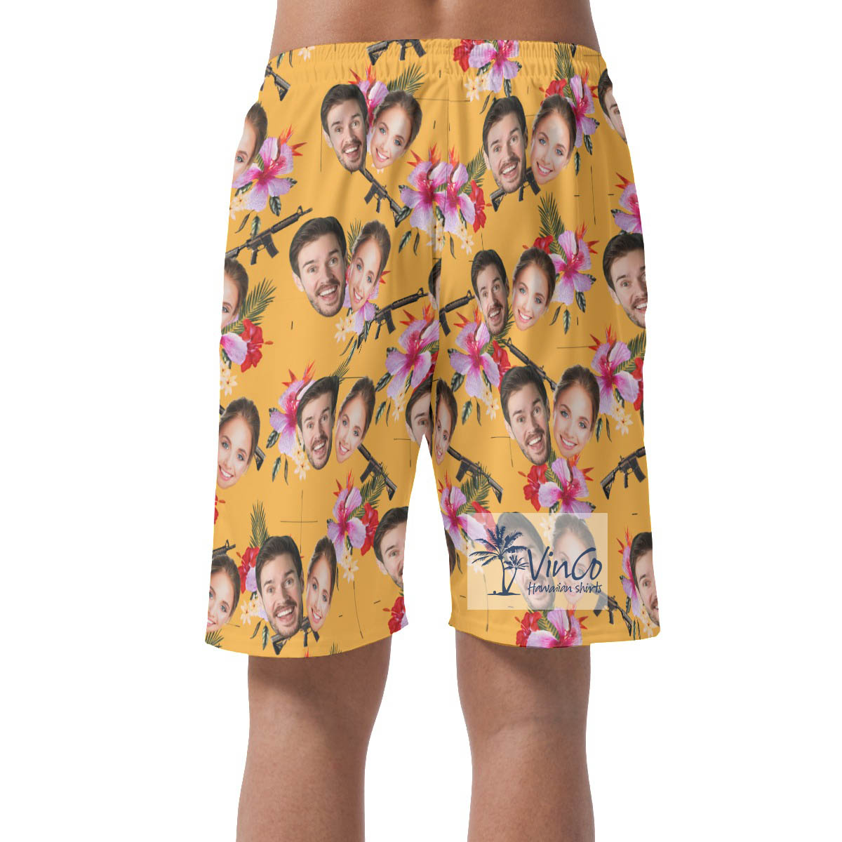 Floral Gun Yellow Hawaiian Beach Shorts With Custom Couple Faces