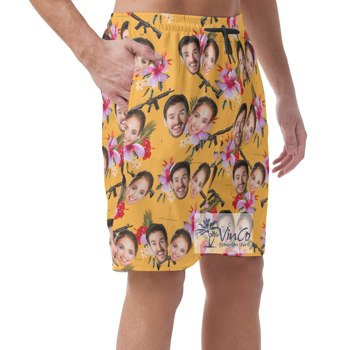 Floral Gun Yellow Hawaiian Beach Shorts With Custom Couple Faces