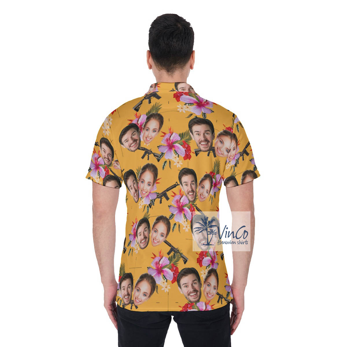 Custom Couple Faces Yellow Gun Hawaiian Polo Shirt