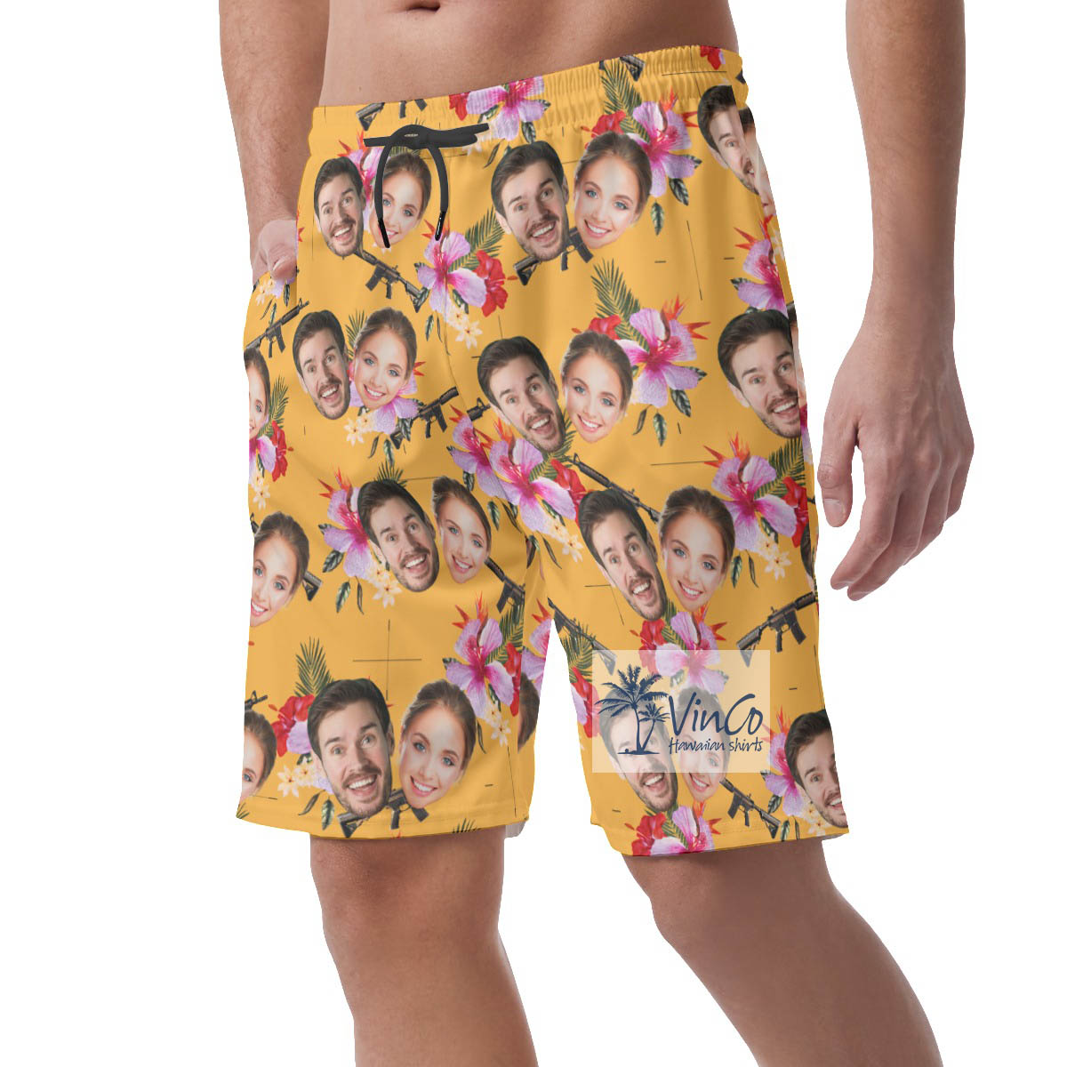 Floral Gun Yellow Hawaiian Beach Shorts With Custom Couple Faces
