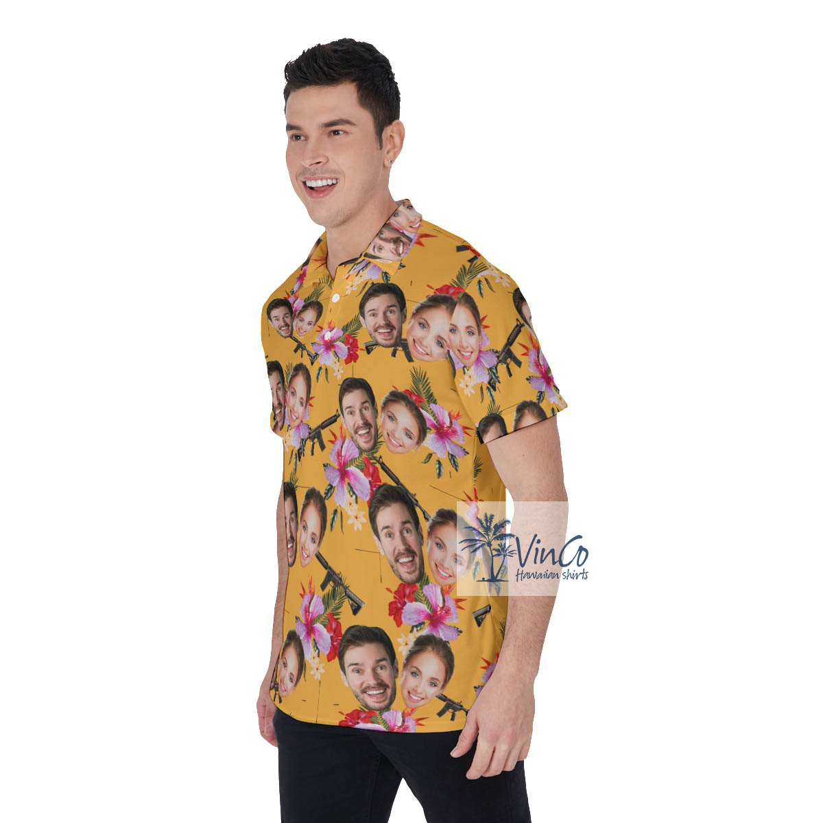 Custom Couple Faces Yellow Gun Hawaiian Polo Shirt