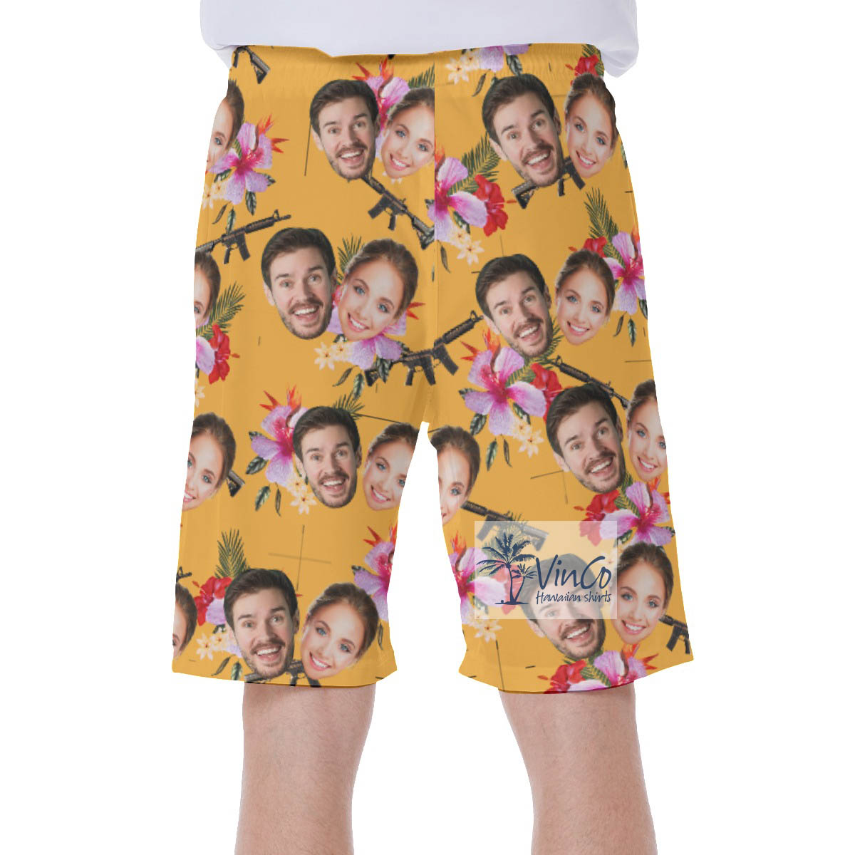 Custom Couple Faces Floral Hawaiian Swim Trunks With Gun