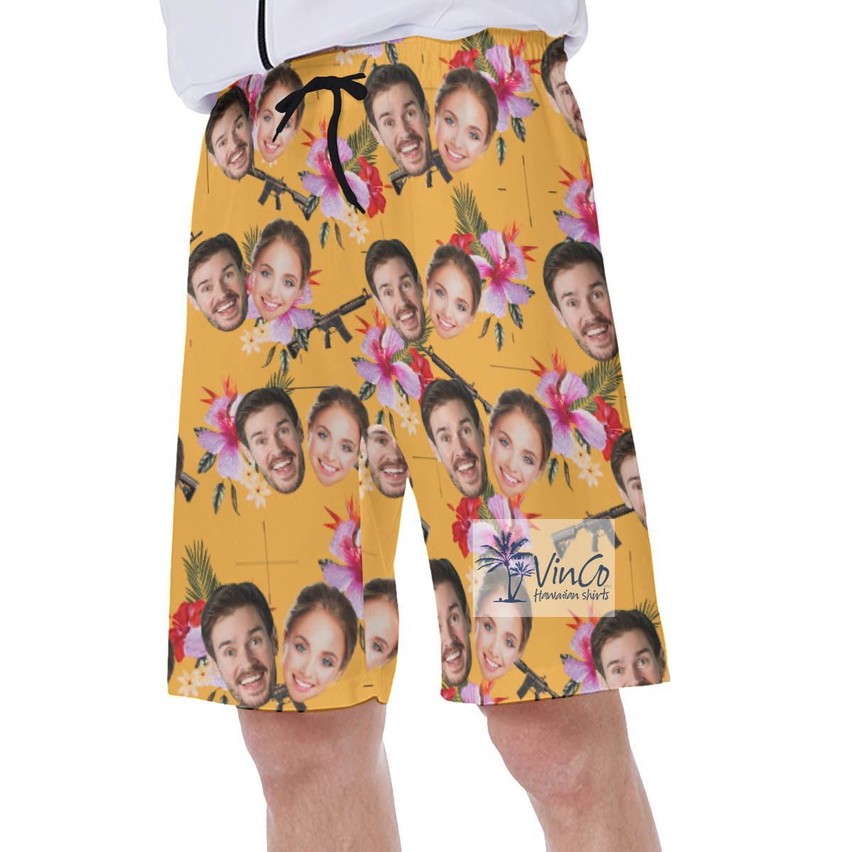 Custom Couple Faces Floral Hawaiian Swim Trunks With Gun