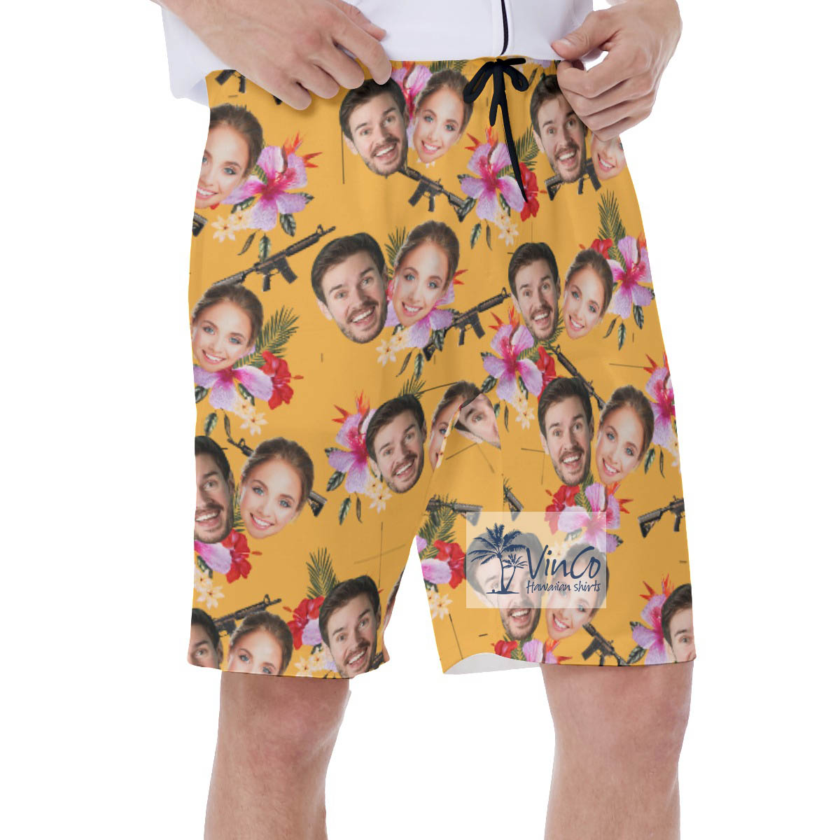 Custom Couple Faces Floral Hawaiian Swim Trunks With Gun